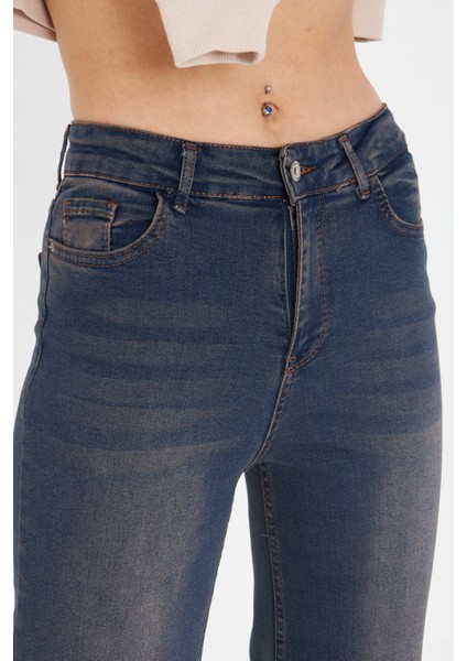 Lacivert Wide Leg Yüksek Bel Uzun Jean Yıkamalı Pantolon