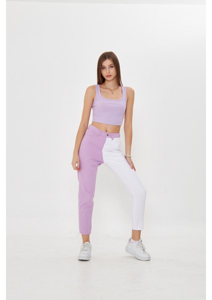 Lila Beyaz Iki Renkli Yüksek Bel Mom Jeans