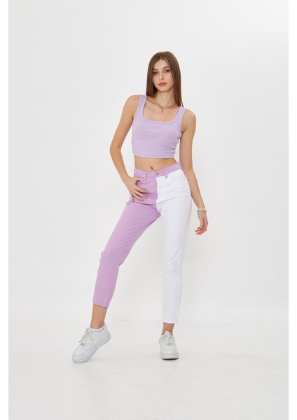 Lila Beyaz Iki Renkli Yüksek Bel Mom Jeans fiyatları