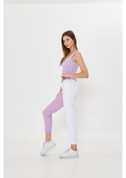Lila Beyaz Iki Renkli Yüksek Bel Mom Jeans modelleri