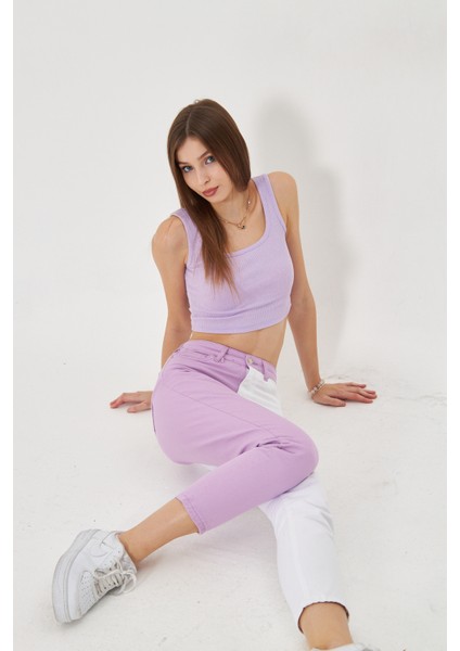 Lila Beyaz Iki Renkli Yüksek Bel Mom Jeans
