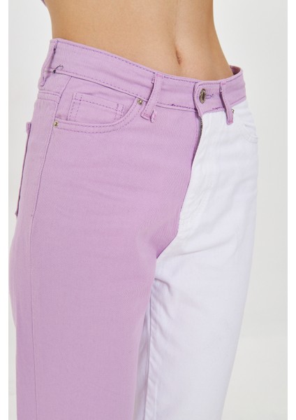 Lila Beyaz Iki Renkli Yüksek Bel Mom Jeans