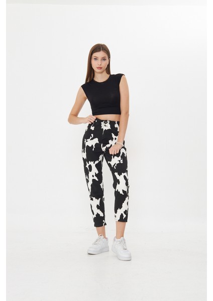 Dalmaçya Desenli Yüksek Bel Mom Jeans modelleri