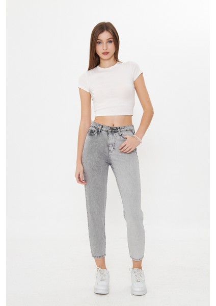 Antirist Açık Gri Iki Renkli Yüksek Bel Mom Jeans