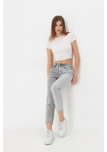 Antirist Açık Gri Iki Renkli Yüksek Bel Mom Jeans fırsatları