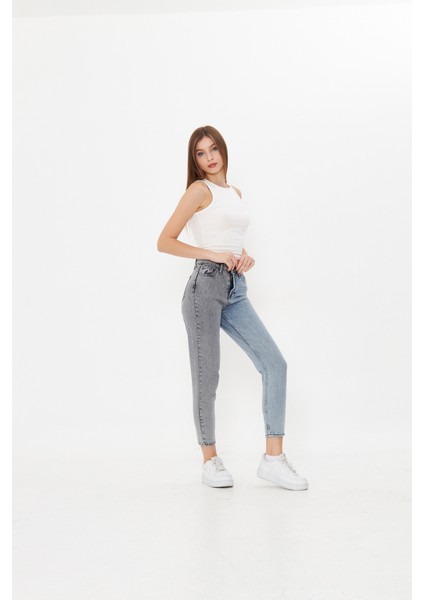 Gri Açık Kot Iki Renkli Yüksek Bel Mom Jeans
