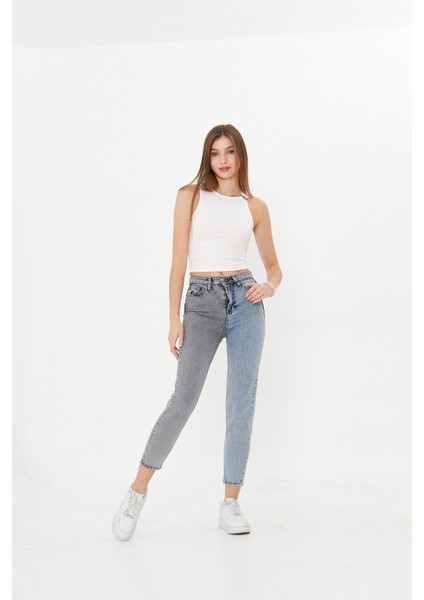 Gri Açık Kot Iki Renkli Yüksek Bel Mom Jeans fiyatları
