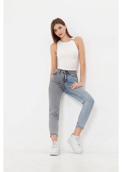 Gri Açık Kot Iki Renkli Yüksek Bel Mom Jeans fırsatları
