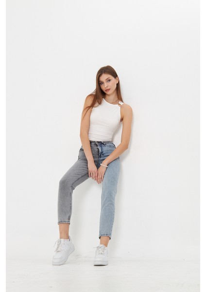 Gri Açık Kot Iki Renkli Yüksek Bel Mom Jeans indirimleri