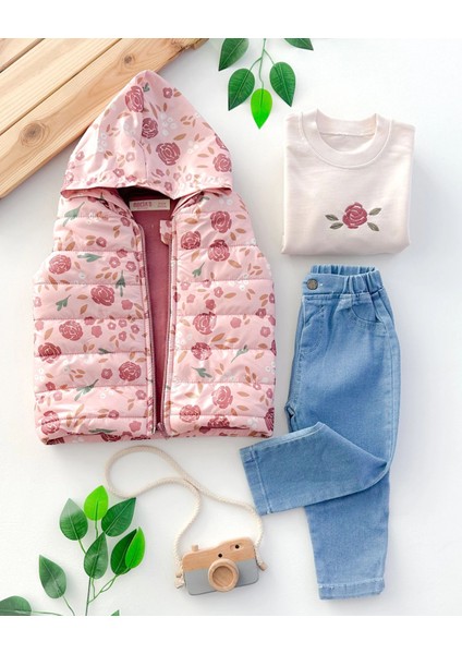 Kız Bebek Şişme Yelekli (Içi Elyaflı) Kot Pantolonlu Çiçek Temalı Kız Bebek 3lü Takım