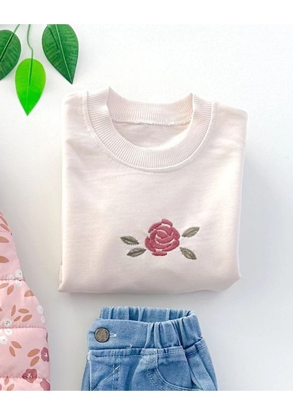 Kız Bebek Şişme Yelekli (Içi Elyaflı) Kot Pantolonlu Çiçek Temalı Kız Bebek 3lü Takım