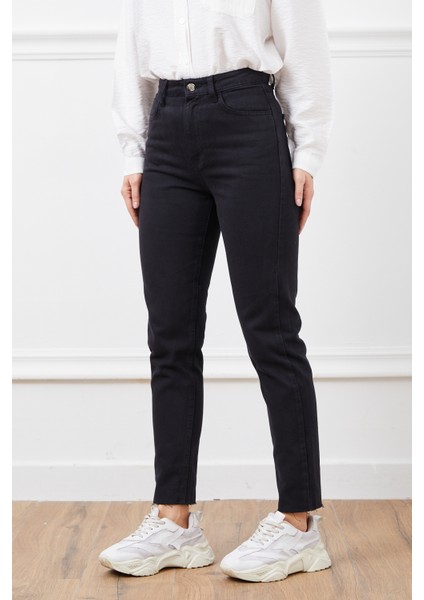 Siyah Kadın Mom Jean Yüksek Bel Düz Paça Kot Pantolon %100 Pamuklu