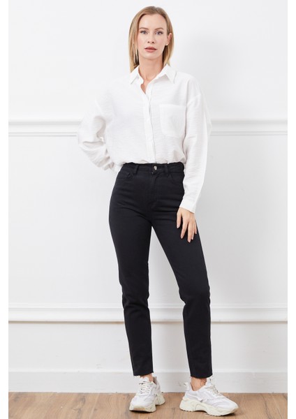 Siyah Kadın Mom Jean Yüksek Bel Düz Paça Kot Pantolon %100 Pamuklu fiyatları