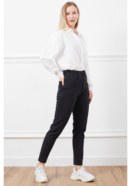 Siyah Kadın Mom Jean Yüksek Bel Düz Paça Kot Pantolon %100 Pamuklu modelleri