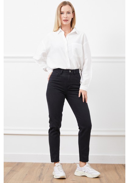 Siyah Kadın Mom Jean Yüksek Bel Düz Paça Kot Pantolon %100 Pamuklu fırsatları