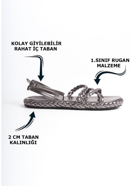 Kadın Üç Burgu Desen Şeritli Platin Rahat Alçak Düz Taban Yazlık Kadın Sandalet Terlik fiyatları