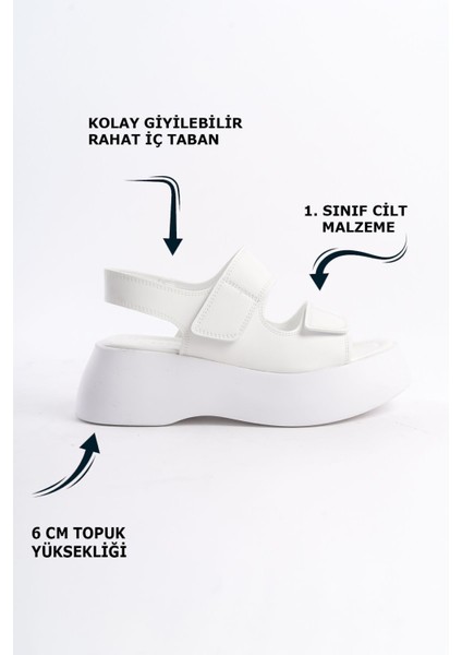 Beyaz Cilt Yüksek Taban Çift Cırtlı Iki Şeritli Yazlık Kadın Dolgu Topuklu Sandalet fiyatları