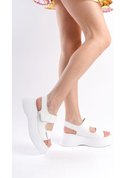 Beyaz Cilt Yüksek Taban Çift Cırtlı Iki Şeritli Yazlık Kadın Dolgu Topuklu Sandalet fırsatları