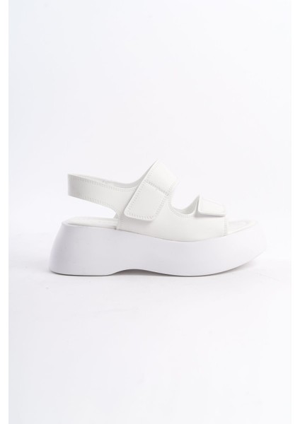Beyaz Cilt Yüksek Taban Çift Cırtlı Iki Şeritli Yazlık Kadın Dolgu Topuklu Sandalet indirimleri