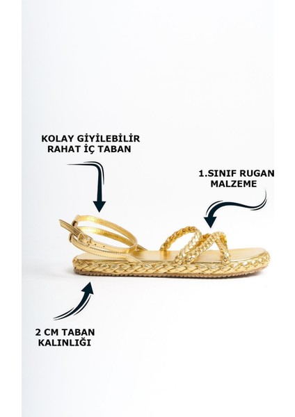 Kadın Üç Burgu Desen Şeritli Parlak Gold Rahat Alçak Düz Taban Yazlık Kadın Sandalet Terlik