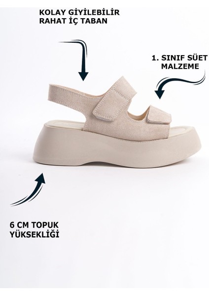 Krem Süet Yüksek Taban Çift Cırtlı Iki Şeritli Yazlık Kadın Dolgu Topuklu Sandalet fiyatları