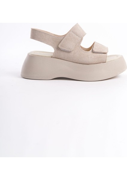 Krem Süet Yüksek Taban Çift Cırtlı Iki Şeritli Yazlık Kadın Dolgu Topuklu Sandalet indirimleri