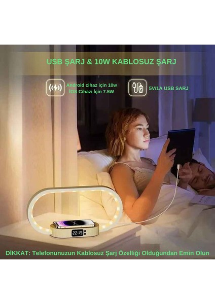 Trend Store Çok Fonksiyonlu LED Masa Lambası USB Girişli Saat Hızlı Şarj Dekorasyon Iphone Samsung Telefon Kablosuz Şarj Standı modelleri