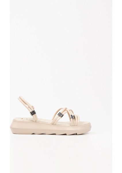 Krem Çapraz Ince Şeritli Gümüş Detaylı Kolay Giyilebilir Kadın Yazlık Sandalet fırsatları