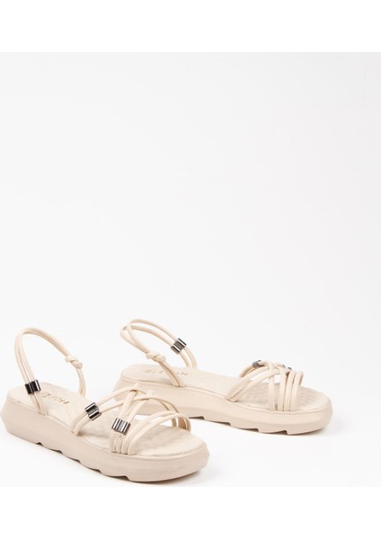 Krem Çapraz Ince Şeritli Gümüş Detaylı Kolay Giyilebilir Kadın Yazlık Sandalet indirimleri