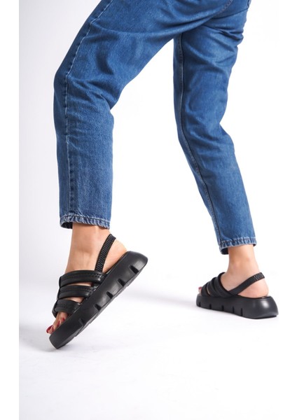 Siyah El Yapımı Yumuşak Üç Puf Şeritli Lastikli Yüksek Rahat Taban Yazlık Kadın Sandalet fiyatları