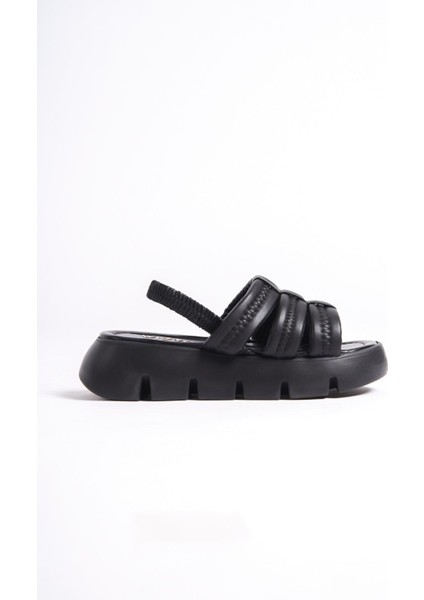 Siyah El Yapımı Yumuşak Üç Puf Şeritli Lastikli Yüksek Rahat Taban Yazlık Kadın Sandalet modelleri