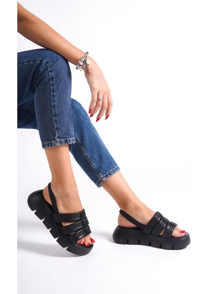 Siyah El Yapımı Yumuşak Üç Puf Şeritli Lastikli Yüksek Rahat Taban Yazlık Kadın Sandalet fırsatları