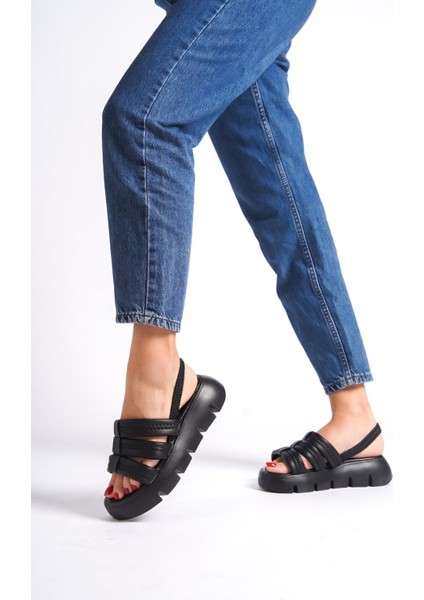 Siyah El Yapımı Yumuşak Üç Puf Şeritli Lastikli Yüksek Rahat Taban Yazlık Kadın Sandalet indirimleri