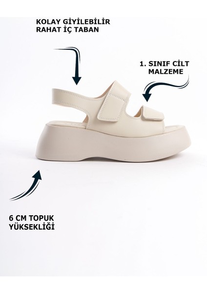 Krem Cilt Yüksek Taban Çift Cırtlı Iki Şeritli Yazlık Kadın Dolgu Topuklu Sandalet fiyatları