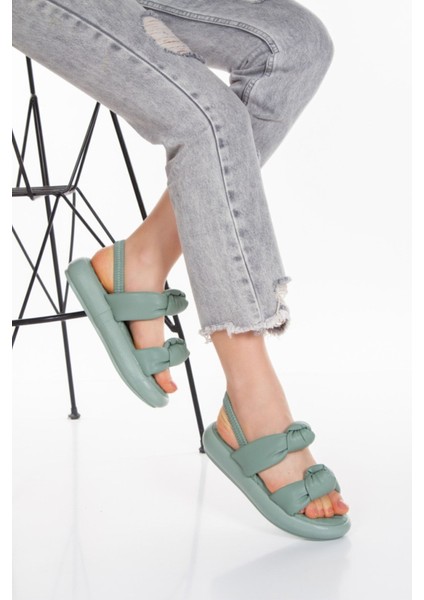 Yeşil Yumuşak Taban Lastikli Düğüm Puf Şeritli Bayan Yazlık Sandalet