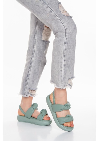 Yeşil Yumuşak Taban Lastikli Düğüm Puf Şeritli Bayan Yazlık Sandalet modelleri