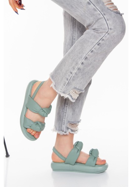 Yeşil Yumuşak Taban Lastikli Düğüm Puf Şeritli Bayan Yazlık Sandalet fırsatları