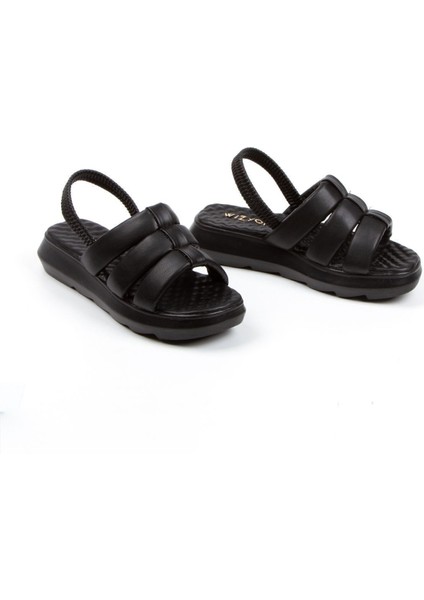 Siyah Kalın Üç Puf Şeritli Bilekten Lastikli Kadın Yazlık Sandalet Terlik indirimleri