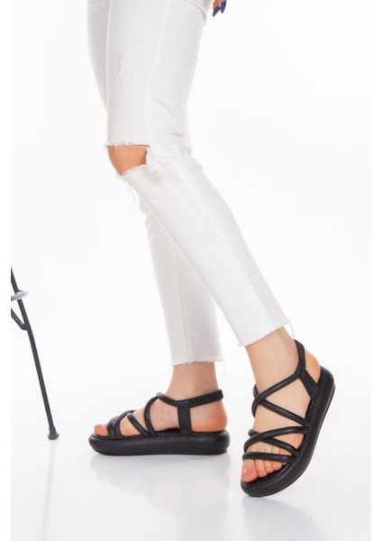 Siyah Yumuşak Taban Lastikli Ince Puf Şeritli Bayan Yazlık Sandalet fiyatları