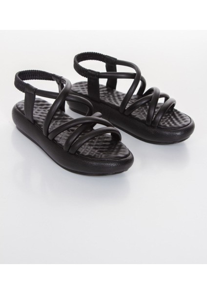 Siyah Yumuşak Taban Lastikli Ince Puf Şeritli Bayan Yazlık Sandalet fırsatları