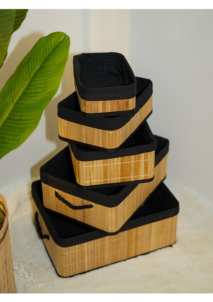 BadeHome Decoration Bambu 5'li Siyah Kumaşlı Sepet (Banyo,kozmetik,mutfak Dolap Organizeri)
