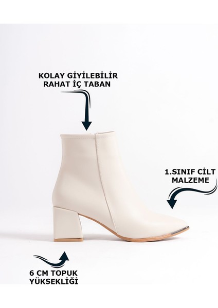 Sivri Burunlu Deri Görünümlü Cilt Krem Önü Metal Detaylı Fermuarlı Kısa Sade Klasik Bot Bootie fırsatları