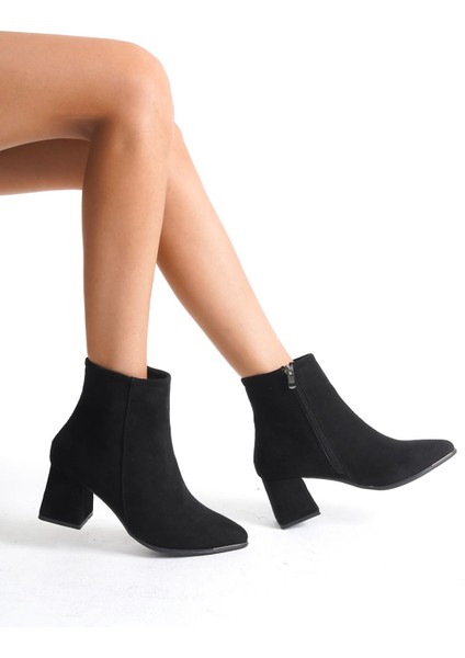 Sivri Burunlu Deri Görünümlü Cilt Önü Metal Detaylı Fermuarlı Kısa Sade Klasik Bot Bootie fiyatları
