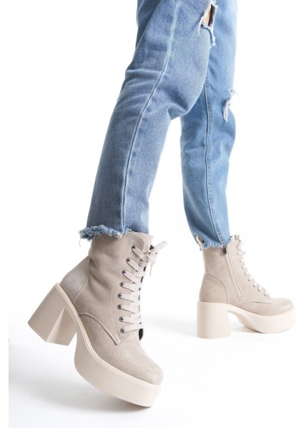 Yandan Fermuarlı Bağcıklı Yüksek Kalın Topuklu Kadın Uzun Bot