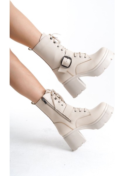 Yandan Fermuarlı Bağcıklı Yüksek Taban Önden Kemer Detaylı Kadın Uzun Bot