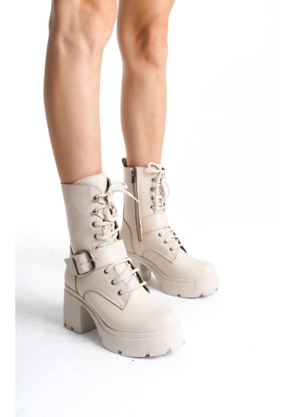 Yandan Fermuarlı Bağcıklı Yüksek Taban Önden Kemer Detaylı Kadın Uzun Bot fiyatları