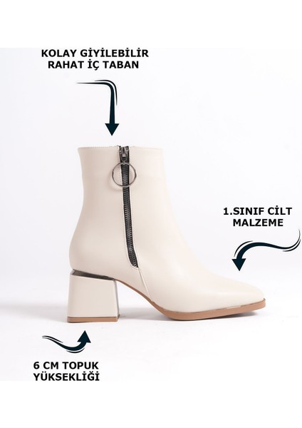 Deri Görünümlü Cilt Krem Fermuarlı Topukta Gümüş Detaylı Kısa Sade Klasik Bot Bootie fiyatları