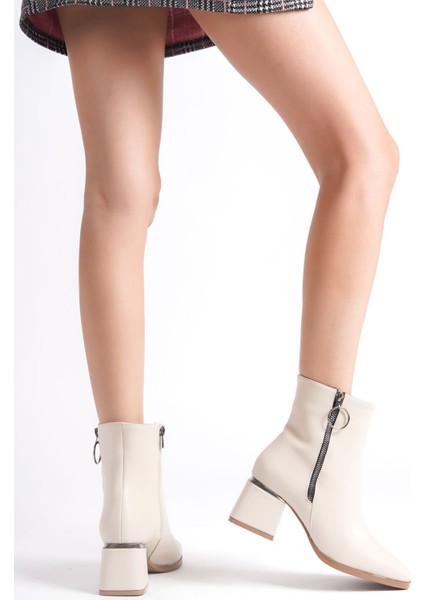 Deri Görünümlü Cilt Krem Fermuarlı Topukta Gümüş Detaylı Kısa Sade Klasik Bot Bootie modelleri
