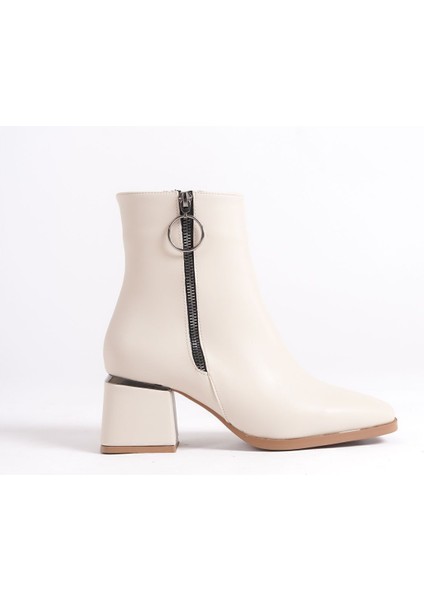 Deri Görünümlü Cilt Krem Fermuarlı Topukta Gümüş Detaylı Kısa Sade Klasik Bot Bootie fırsatları