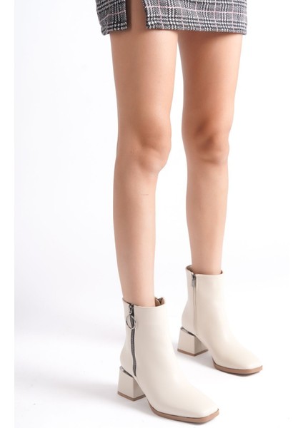 Deri Görünümlü Cilt Krem Fermuarlı Topukta Gümüş Detaylı Kısa Sade Klasik Bot Bootie indirimleri